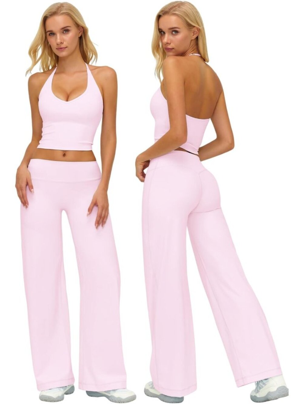 Stylish Women's Workout Set - Spaghetti Strap Crop Top & Straight Leg Pants for